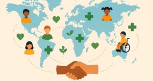 mapa mundial con iconos de niños, salud y manos unidas