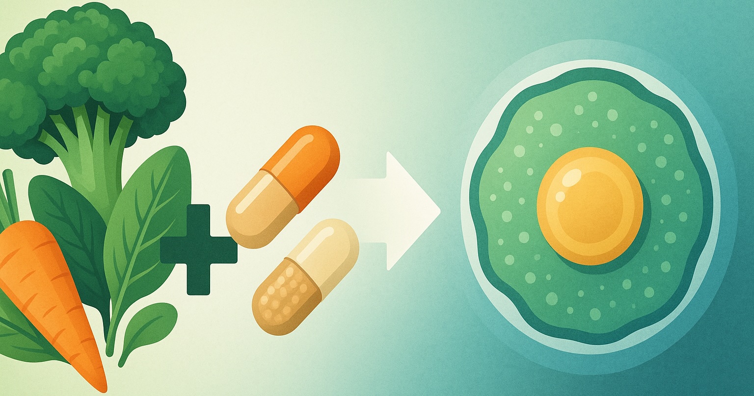 ilustración con vegetales + cápsulas naturales = salud celular